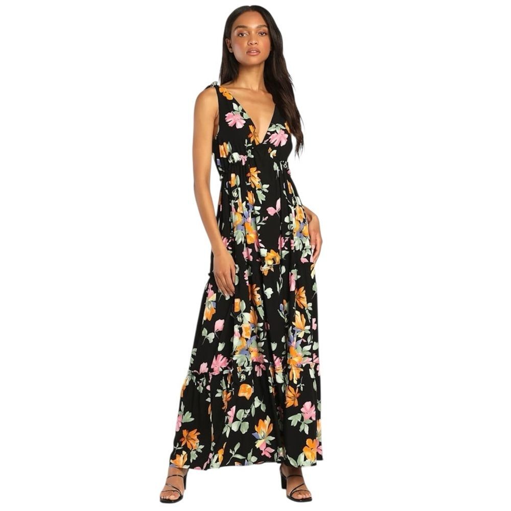 LULUS | Beloved Bae Black Floral Print Tie-Strap Tiered Maxi Dress Size Medium